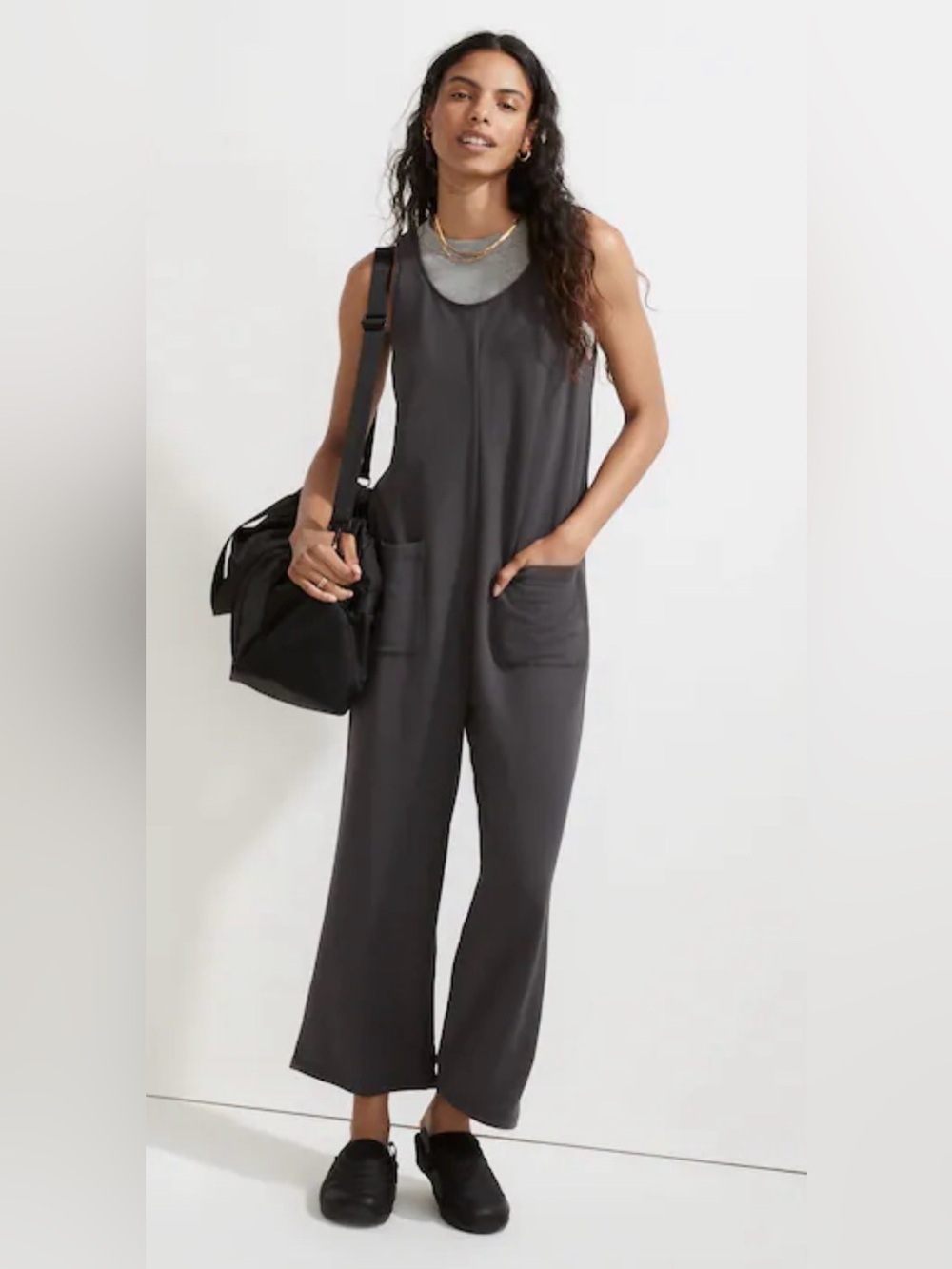 Madewell Superbrushed Wide Leg Pull-On Jumpsuit Black Coal L NWT